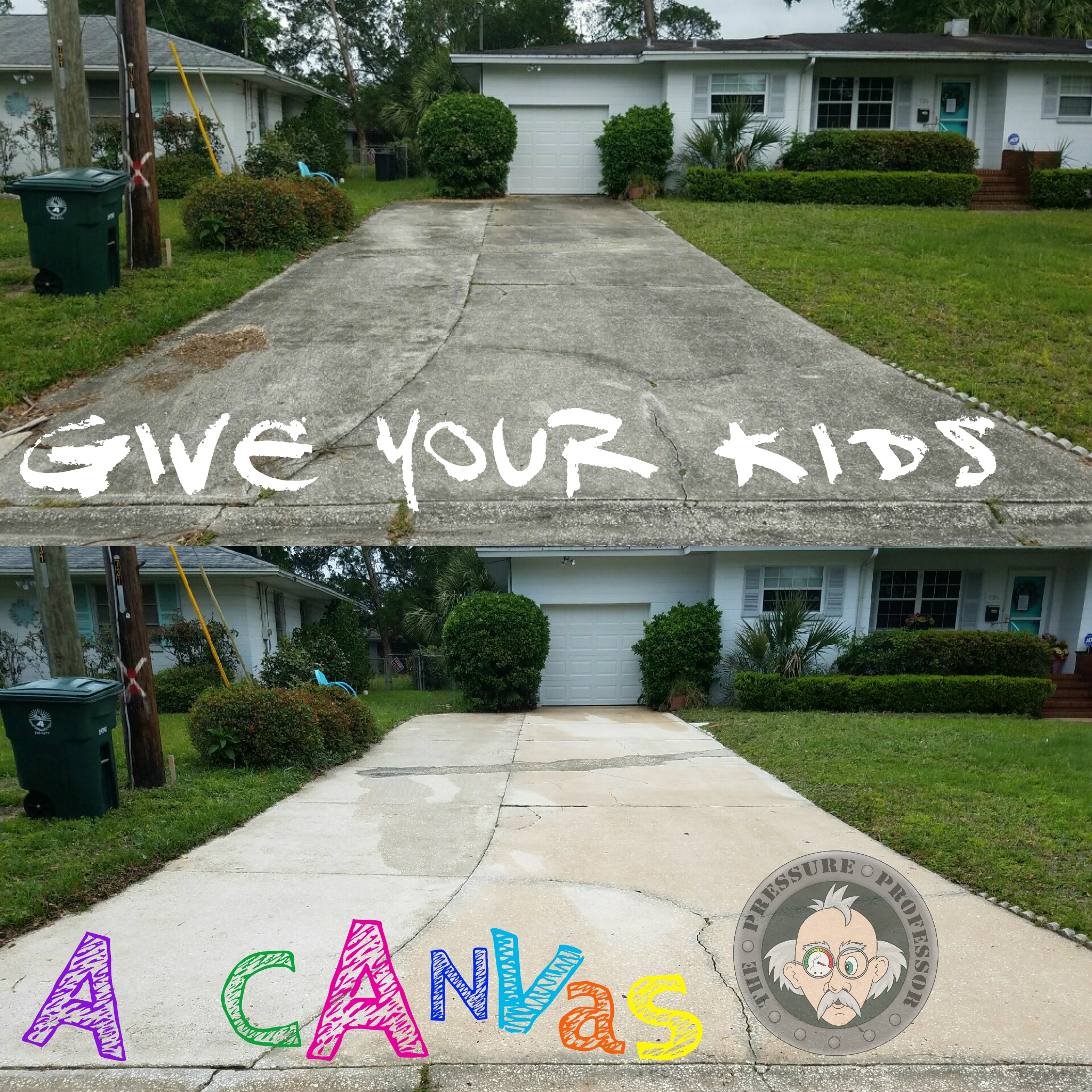 Give your kids a canvas by pressure washing your driveway! We pressure wash concrete, brick, pavers, and other hard surfaces