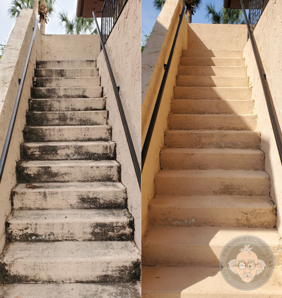 The pressure professor can pressure wash stairs, balconies, railings, and more.